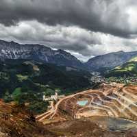 Storm clouds over the Mountains and terraces in Erzberg Eisenerz, Austria