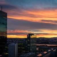 Sunset and city views with towers in Vienna, Austria