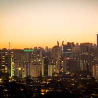 Dusk Skyline with skyscrapers and orange Skies in Sao Paulo, Brazil