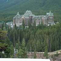 Banff Springs Hotel in the trees in Banff National Park, Alberta, Canada