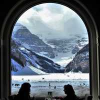 Beautiful Mountain through a window from a dining place in Banff National Park, Alberta, Canada