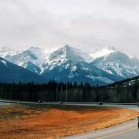Driving on the road into the mountains in Banff National Park, Alberta, Canada