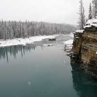 Athabasca River landscape with bluff in Jasper National Park, Alberta, Canada