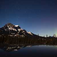 Mountain scenic night landscape with stars in Jasper National Park, Alberta, Canada