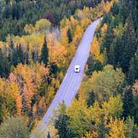 Vehicle going through autumn falls on the road in Jasper National Park, Alberta, Canada