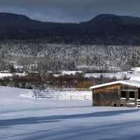 Snowy winter landscape with houses in British Columbia, Canada