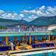 Looking at hills and Vancouver from a cruise ship in British Columbia, Canada