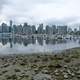 Skyline of Vancouver across the water with boats in British Columbia, Canada