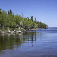 Scenery of the Lake Winnipeg Shoreline with trees at Hecla Provincial Park