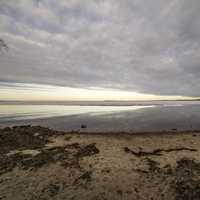 Beach and Great Slave lake under dramatic clouds