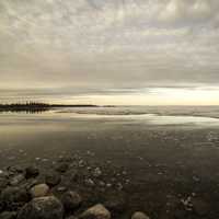 Dusk landscape on Great Slave Lake under clouds