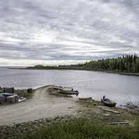 Landscape, river, and boat Launch at Kakisa