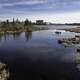 Buildings and landscape across Niven Lake in Yellowknife