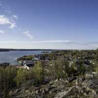Overlook under blue skies of Great Slave Lake at Yellowknife