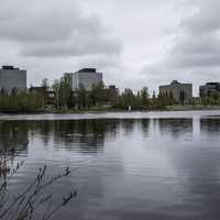 Skyline of Yellowknife across Frame Lake