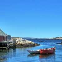 Boat and house landscape in Peggys Cove in Halifax, Canada
