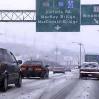 Cars heading toward the MacKay Bridge from Dartmouth in Nova Scotia in Halifax