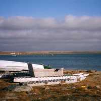 Beached komatiks at Clyde River in Nunavut, Canada