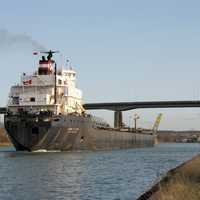 Lake freighter John B. Aird traversing the Welland Canal in St. Catharines, Ontario, Canada