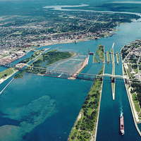 Soo Locks and canal landscape in Sault Ste. Marie, Ontario, Canada
