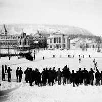 Hockey game on campus in 1884 at McGill university in Montreal, Quebec