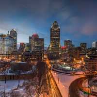 Night time Cityscape with lights in Montreal, Quebec, Canada