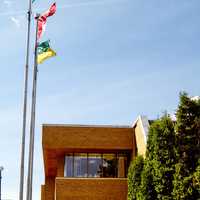 Flags above of North Battlefords City Hall in Saskatchewan