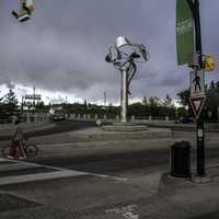 Statue in the middle of square of the city in Saskatoon