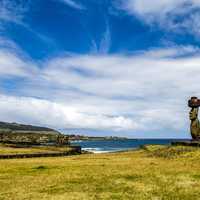 Landscape of Easter Island with sky and statue in Chile