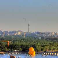 Giant duck and Beijing Skyline in Beijing, China