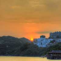 Sunset behind hotels in Stanley, Hong Kong, China