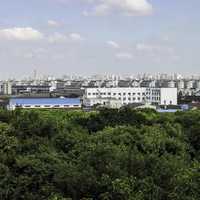 Skyline of Suzhou from a park, China