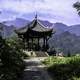 Guangfu pavilion, with summit visible in background in Mount Emei, Sichuan, China