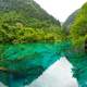 Jiuzhaigou landscape with green water in Sichuan, China