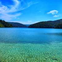 Lake landscape under skies at Plitvice Lake National Park, Croatia