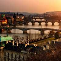 Prague panorama at sunset with orange sky in Czech Republic