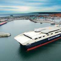 Large Ship coming into Roenne Harbor, Denmark