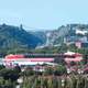 Ashton Gate Stadium, with the Clifton Suspension Bridge over the Avon Gorge in Bristol, England