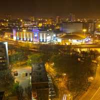 Downtown Coventry and Stadium at night