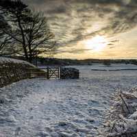 Sunset in the winter with snow on the ground