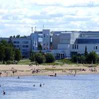 Spa Hotel Eden and sand beach in Nallikari recreation and tourism area in Finland