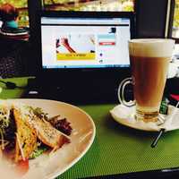 Latte and Sandwich on a table with laptop