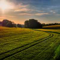 Fields and farms sunset landscape