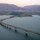 Lake Polyfytos Bridge crossing the lake landscape in Kozani, Greece