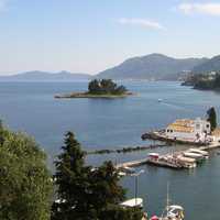 Pontikonisi and Vlacherna Monastery seen from the hilltops of Kanoni in Corfu, Greece