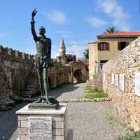 Statue of Miguel de Cervantes at the port in Nafpaktos, Greece