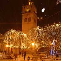 The clock tower during Christmas with Lights in Kozani, Greece