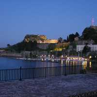 The northern side of the Venetian Old Fortress at night in Corfu, Greece