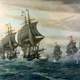 Naval Battle between French and British at Chesapeake Bay. American Revolution