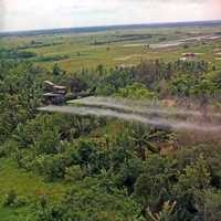 U.S. helicopter spraying chemical defoliants in the Mekong Delta during the Vietnam War